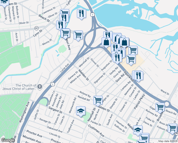 map of restaurants, bars, coffee shops, grocery stores, and more near 27 Pemberton Street in Revere