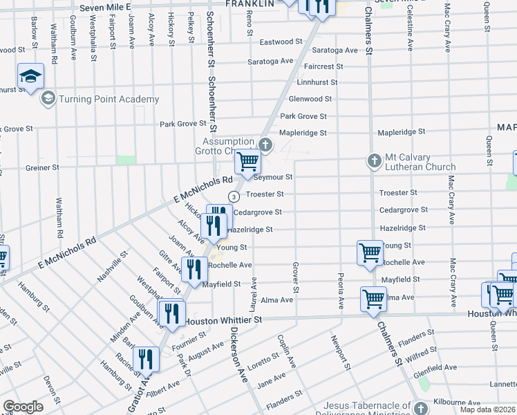 map of restaurants, bars, coffee shops, grocery stores, and more near 13696 Troester Street in Detroit
