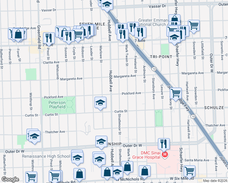 map of restaurants, bars, coffee shops, grocery stores, and more near 18445 Hubbell Avenue in Detroit