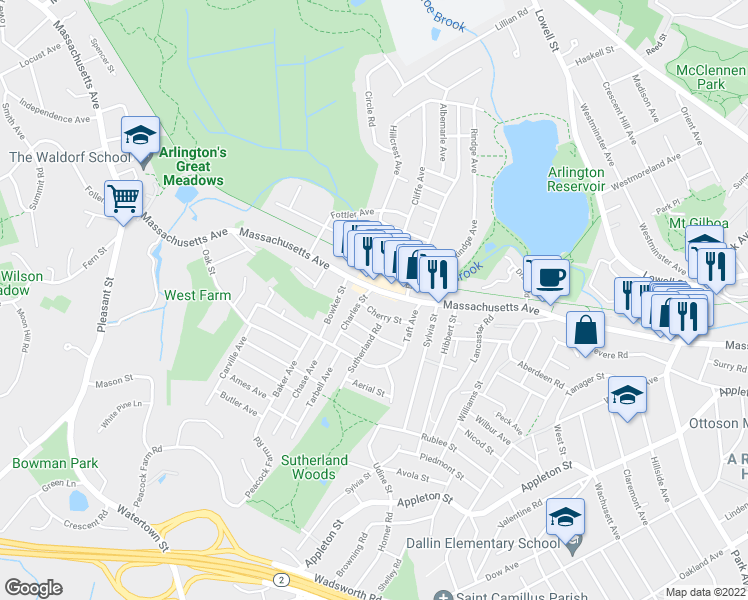 map of restaurants, bars, coffee shops, grocery stores, and more near 172 Massachusetts Avenue in Lexington