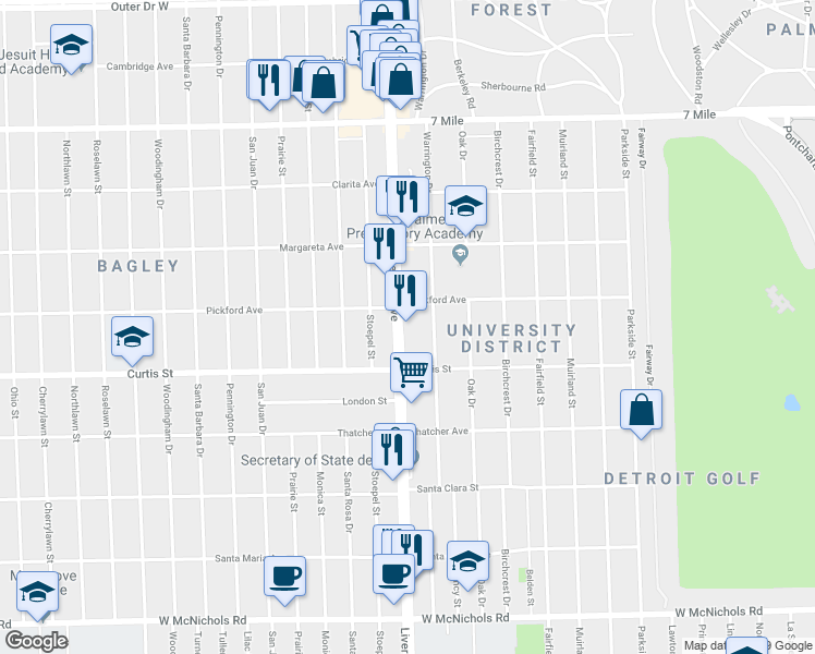 map of restaurants, bars, coffee shops, grocery stores, and more near 18280 Livernois Avenue in Detroit