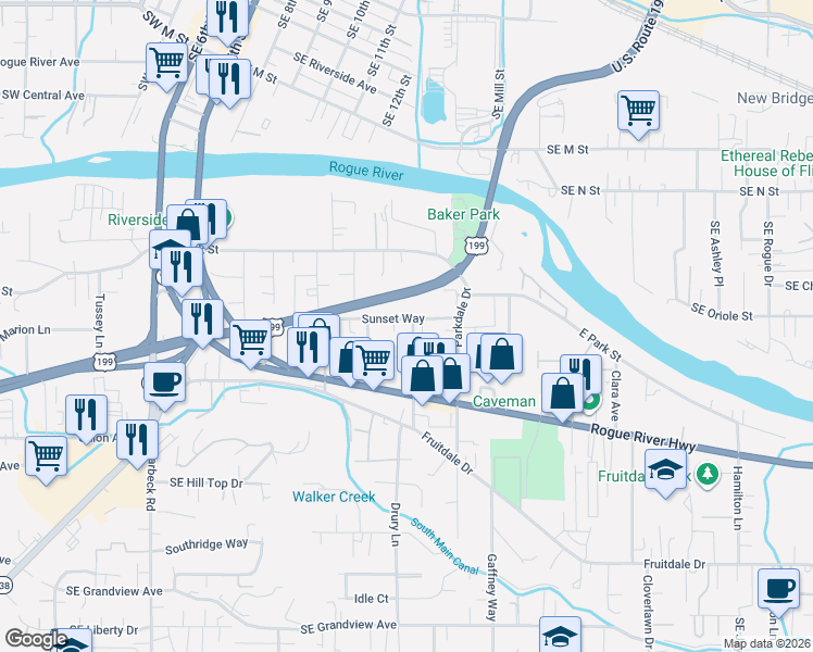map of restaurants, bars, coffee shops, grocery stores, and more near 600 Sunset Way in Grants Pass