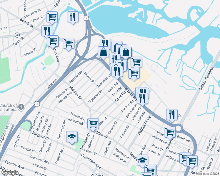map of restaurants, bars, coffee shops, grocery stores, and more near 117 Sigourney Street in Revere