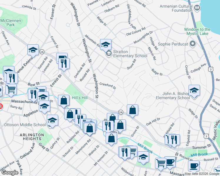 map of restaurants, bars, coffee shops, grocery stores, and more near 15 Martin Street in Arlington