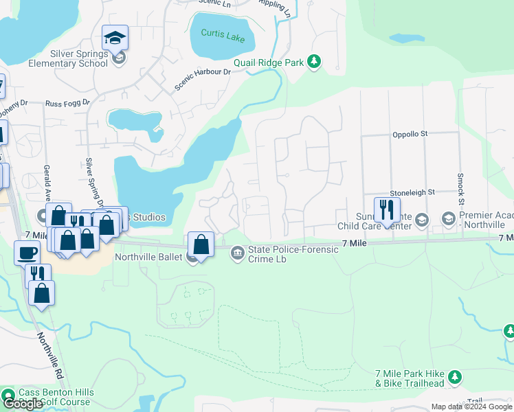 map of restaurants, bars, coffee shops, grocery stores, and more near 42010 West Seven Mile Road in Northville