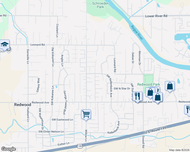map of restaurants, bars, coffee shops, grocery stores, and more near 1374 Willow Court in Grants Pass