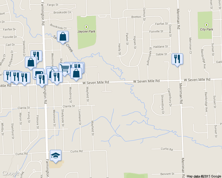 map of restaurants, bars, coffee shops, grocery stores, and more near 32319 West Seven Mile Road in Livonia