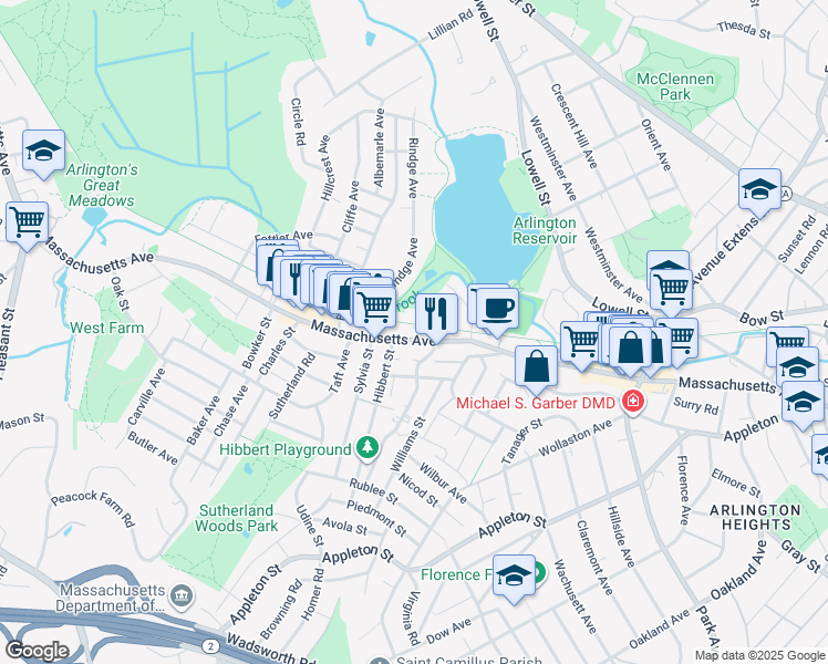 map of restaurants, bars, coffee shops, grocery stores, and more near 1533 Massachusetts Avenue in Arlington