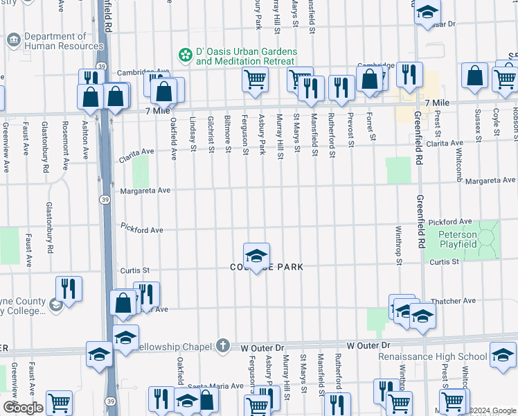 map of restaurants, bars, coffee shops, grocery stores, and more near 18461 Asbury Park in Detroit
