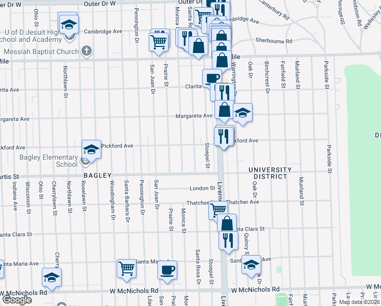 map of restaurants, bars, coffee shops, grocery stores, and more near 18307 Santa Rosa Drive in Detroit