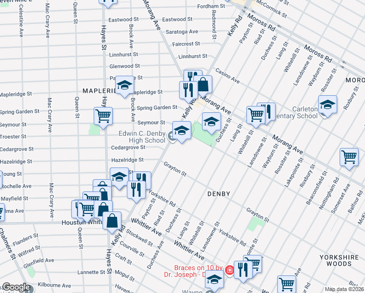 map of restaurants, bars, coffee shops, grocery stores, and more near 12800 Kelly Road in Detroit