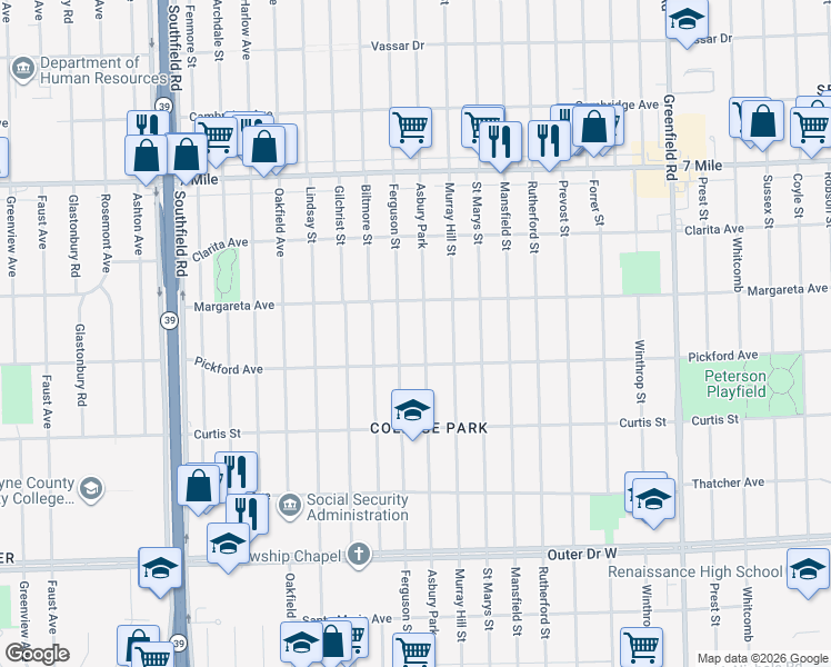 map of restaurants, bars, coffee shops, grocery stores, and more near 18485 Asbury Park in Detroit