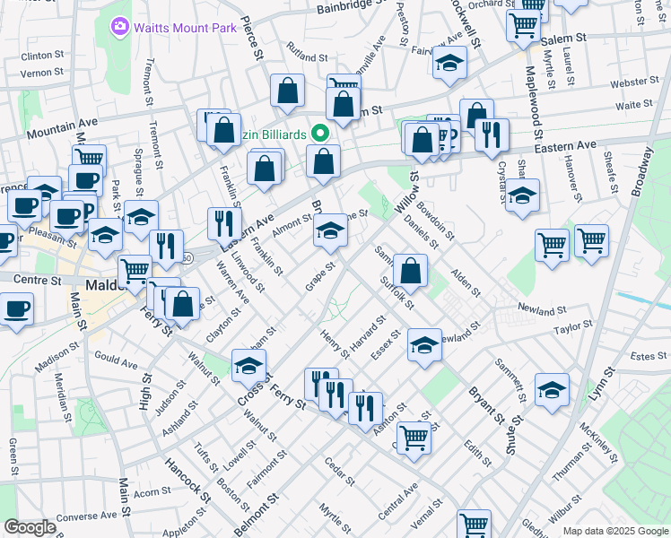 map of restaurants, bars, coffee shops, grocery stores, and more near 265 Bryant Street in Malden