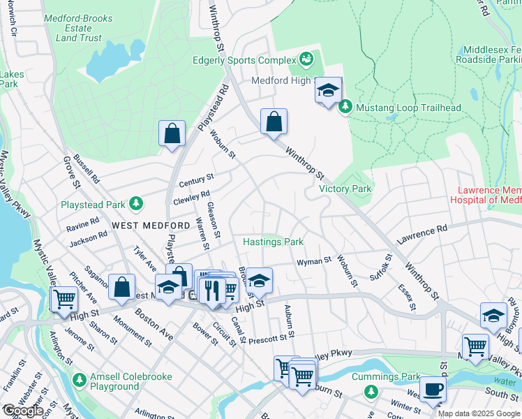 map of restaurants, bars, coffee shops, grocery stores, and more near 166 Allston Street in Medford