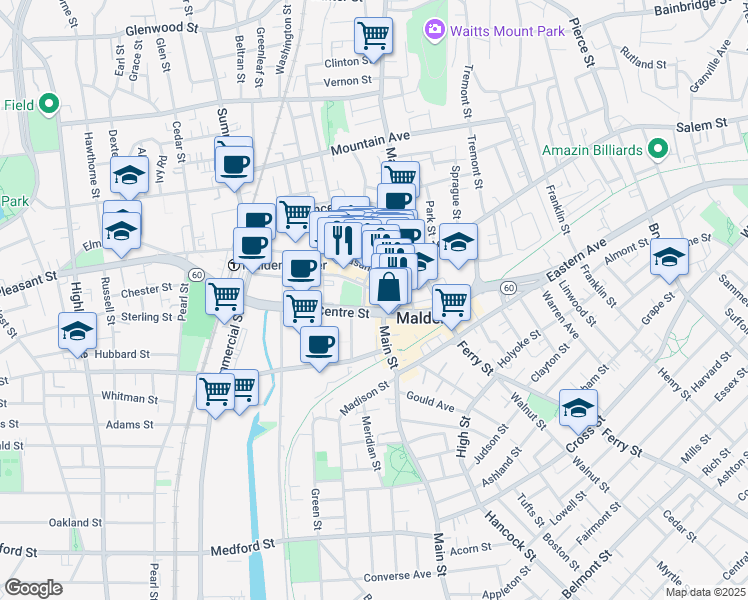 map of restaurants, bars, coffee shops, grocery stores, and more near 1836 Centre Street in Malden