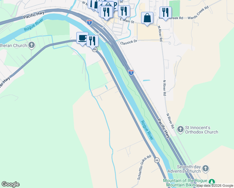 map of restaurants, bars, coffee shops, grocery stores, and more near 5453 Rogue River Highway in Gold Hill