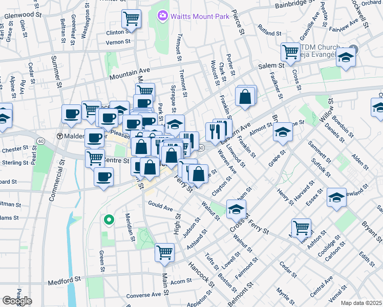 map of restaurants, bars, coffee shops, grocery stores, and more near 180 Eastern Avenue in Malden