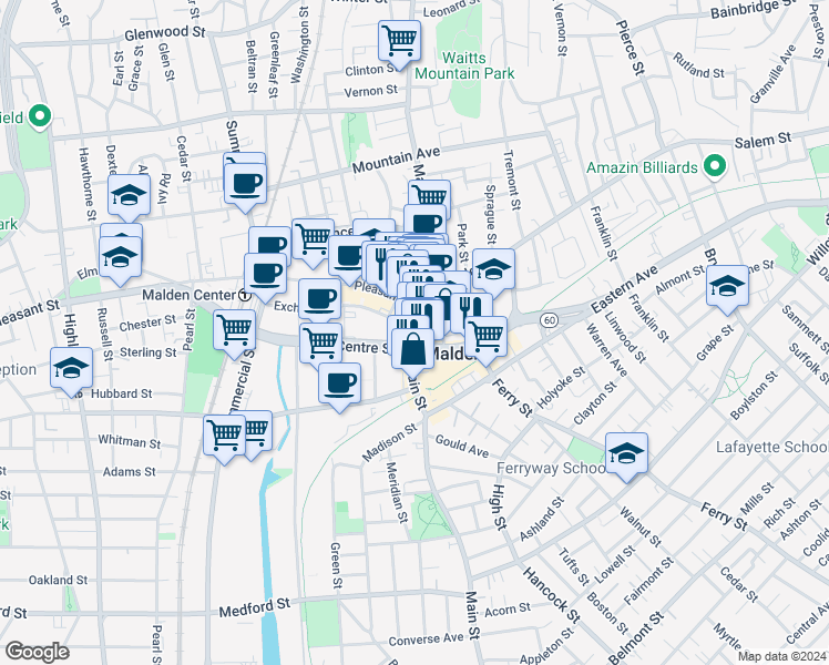 map of restaurants, bars, coffee shops, grocery stores, and more near 389 Main Street in Malden