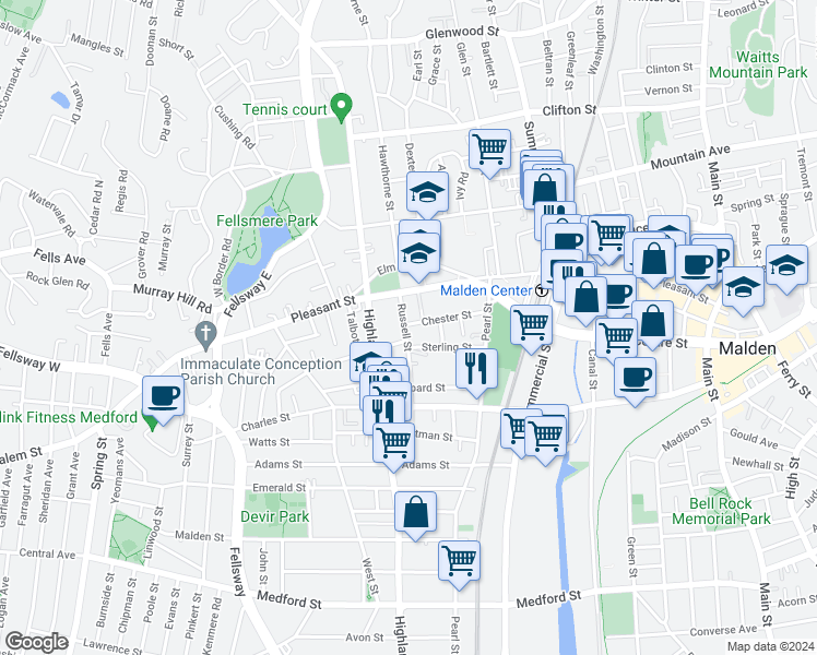 map of restaurants, bars, coffee shops, grocery stores, and more near 57 Chester Street in Malden