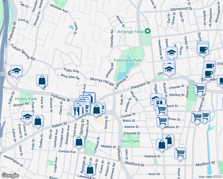 map of restaurants, bars, coffee shops, grocery stores, and more near 32 Murray Hill Park in Malden