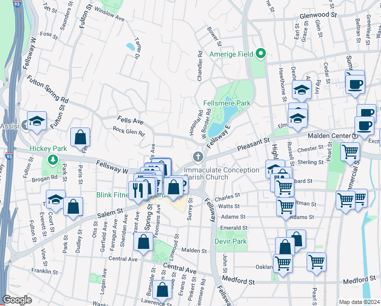 map of restaurants, bars, coffee shops, grocery stores, and more near 32 Murray Hill Park in Malden