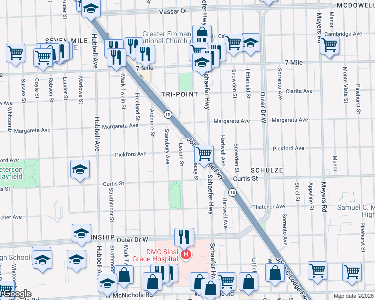 map of restaurants, bars, coffee shops, grocery stores, and more near 18436 Lesure Street in Detroit