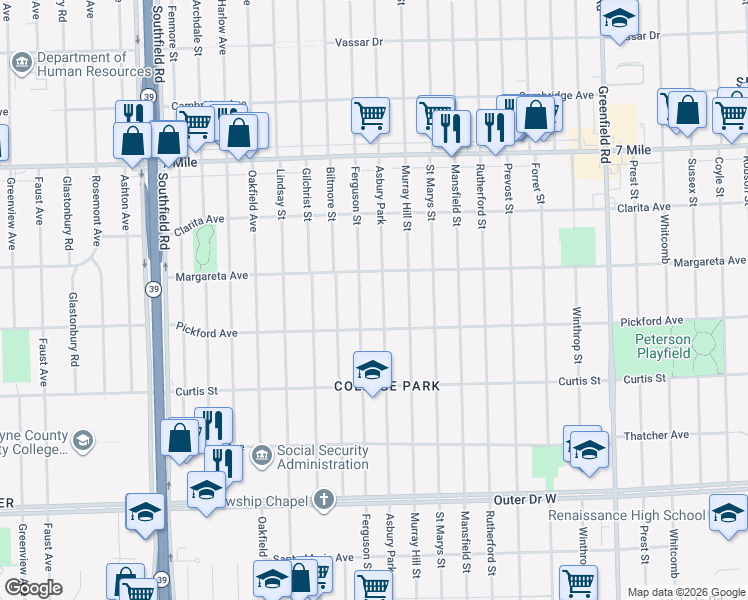 map of restaurants, bars, coffee shops, grocery stores, and more near 18485 Asbury Park in Detroit