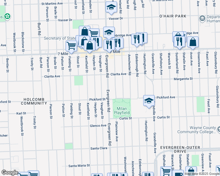 map of restaurants, bars, coffee shops, grocery stores, and more near 18497 Plainview Avenue in Detroit