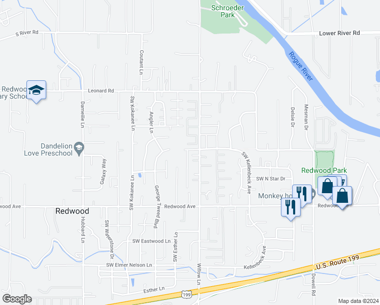 map of restaurants, bars, coffee shops, grocery stores, and more near 1329 Abby Lane in Grants Pass