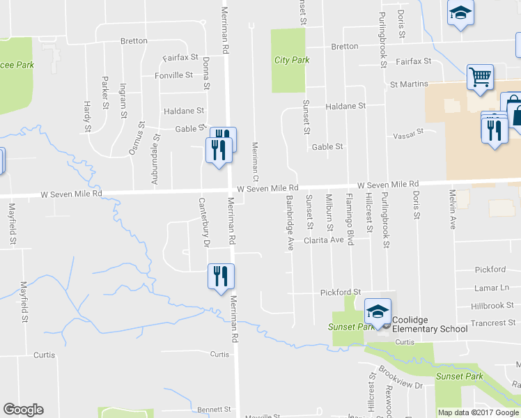 map of restaurants, bars, coffee shops, grocery stores, and more near 31221 West Seven Mile Road in Livonia