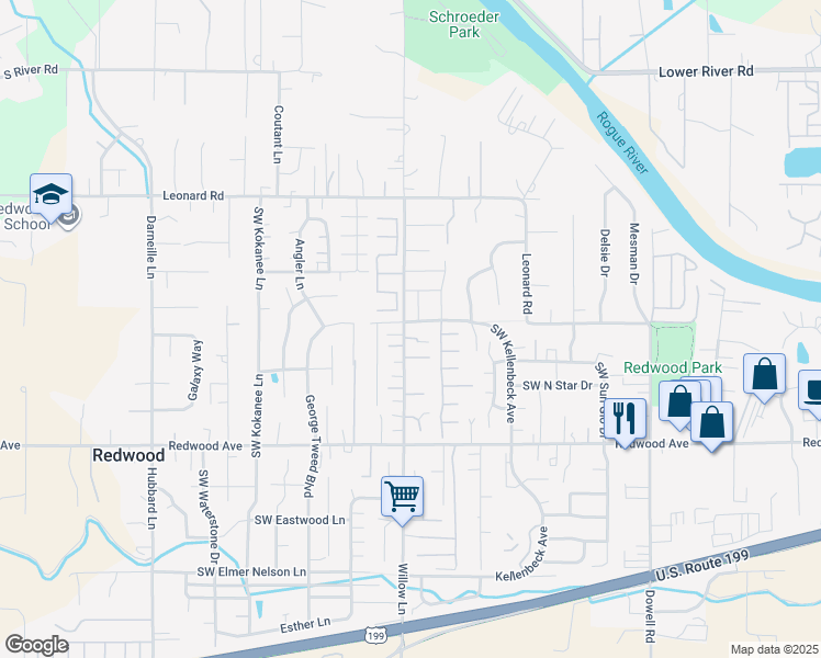 map of restaurants, bars, coffee shops, grocery stores, and more near 1259 Willow Lane in Grants Pass