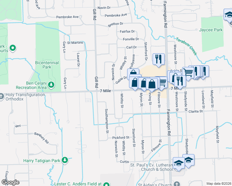 map of restaurants, bars, coffee shops, grocery stores, and more near 19066 Norwich Road in Livonia