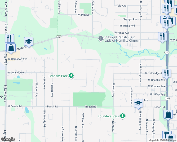 map of restaurants, bars, coffee shops, grocery stores, and more near 10735 West Pickford Avenue in Beach Park