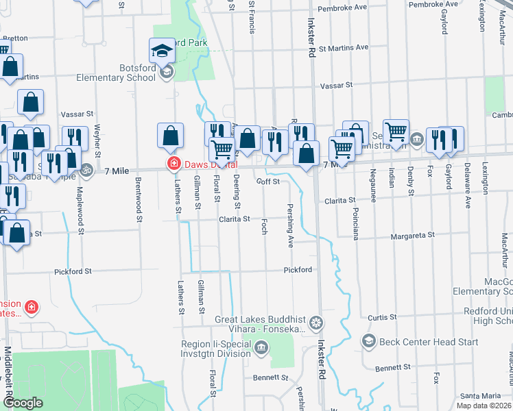 map of restaurants, bars, coffee shops, grocery stores, and more near 18930 Deering Street in Livonia