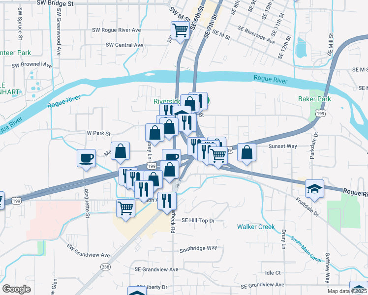 map of restaurants, bars, coffee shops, grocery stores, and more near 239 Redwood Highway in Grants Pass
