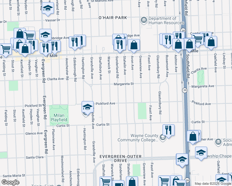 map of restaurants, bars, coffee shops, grocery stores, and more near 18487 Sunderland Road in Detroit