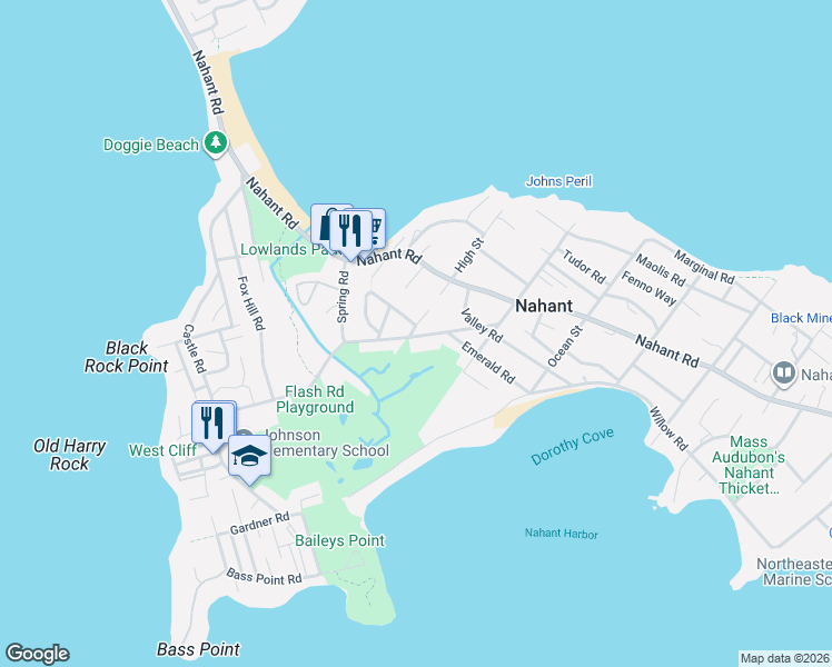 map of restaurants, bars, coffee shops, grocery stores, and more near 64 Spring Road in Nahant