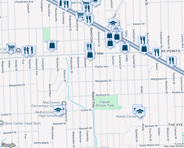 map of restaurants, bars, coffee shops, grocery stores, and more near 18674 Beech Daly in Redford Charter Township