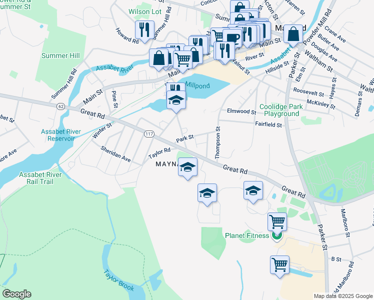 map of restaurants, bars, coffee shops, grocery stores, and more near 66 Sudbury Street in Maynard