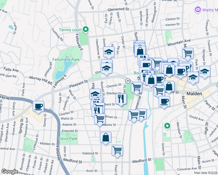 map of restaurants, bars, coffee shops, grocery stores, and more near 54 Chester Street in Malden