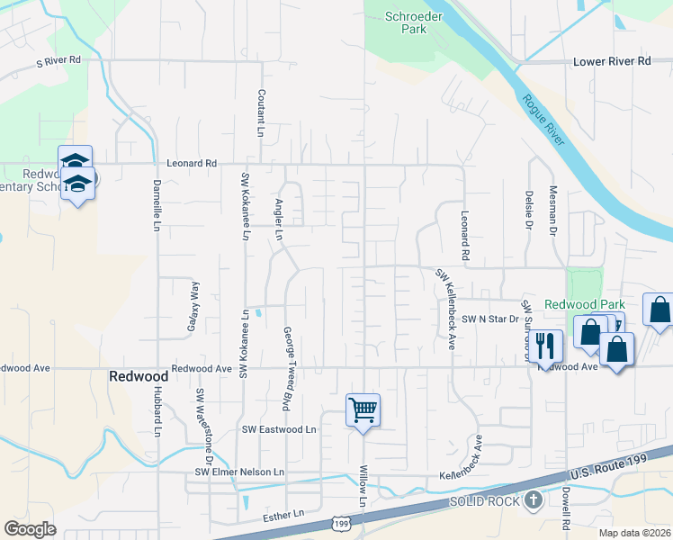 map of restaurants, bars, coffee shops, grocery stores, and more near 970 Abby Lane in Grants Pass