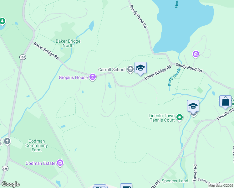 map of restaurants, bars, coffee shops, grocery stores, and more near 36-38 Baker Bridge Road in Lincoln