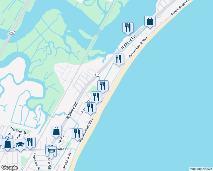 map of restaurants, bars, coffee shops, grocery stores, and more near 450 Revere Beach Boulevard in Revere
