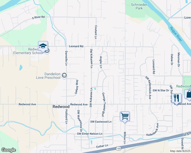map of restaurants, bars, coffee shops, grocery stores, and more near 1287 Southwest Sturgeon Court in Grants Pass