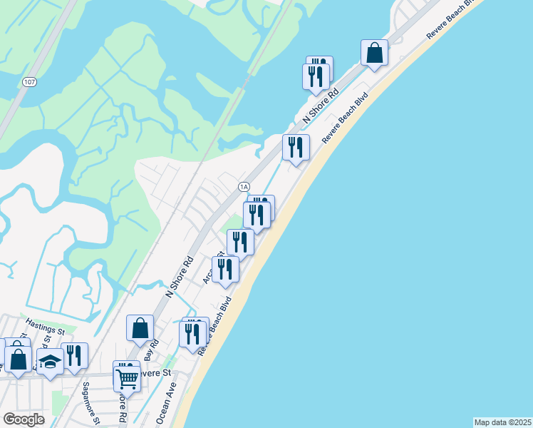 map of restaurants, bars, coffee shops, grocery stores, and more near 450 Revere Beach Boulevard in Revere