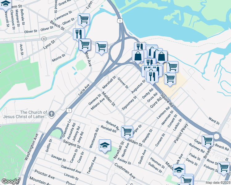 map of restaurants, bars, coffee shops, grocery stores, and more near 33 Stevens Street in Revere