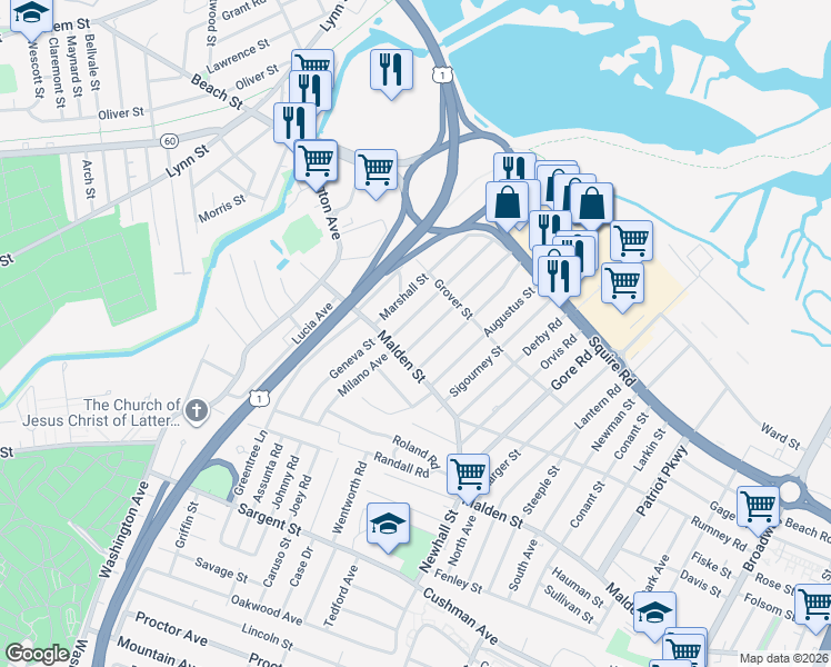 map of restaurants, bars, coffee shops, grocery stores, and more near 33 Stevens Street in Revere