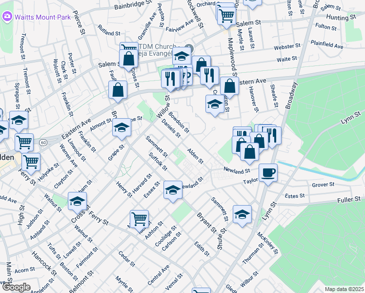 map of restaurants, bars, coffee shops, grocery stores, and more near 140 Lyme Street in Malden