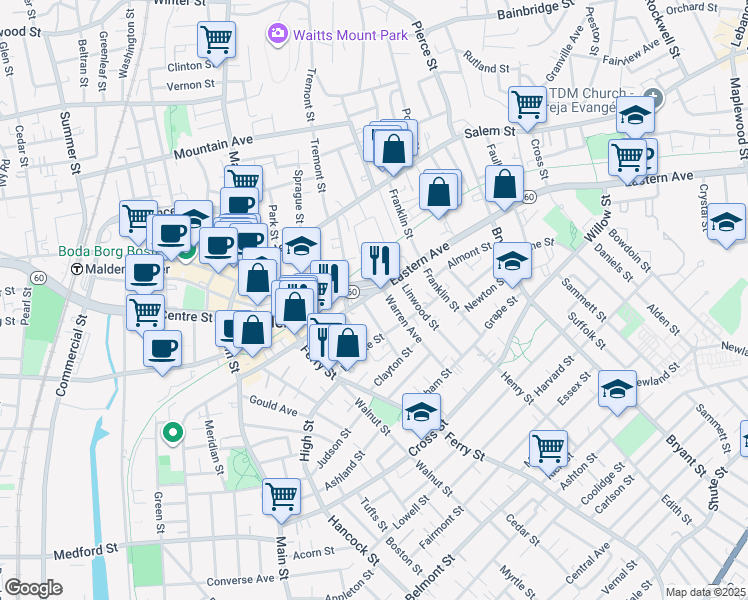 map of restaurants, bars, coffee shops, grocery stores, and more near 247 Eastern Avenue in Malden