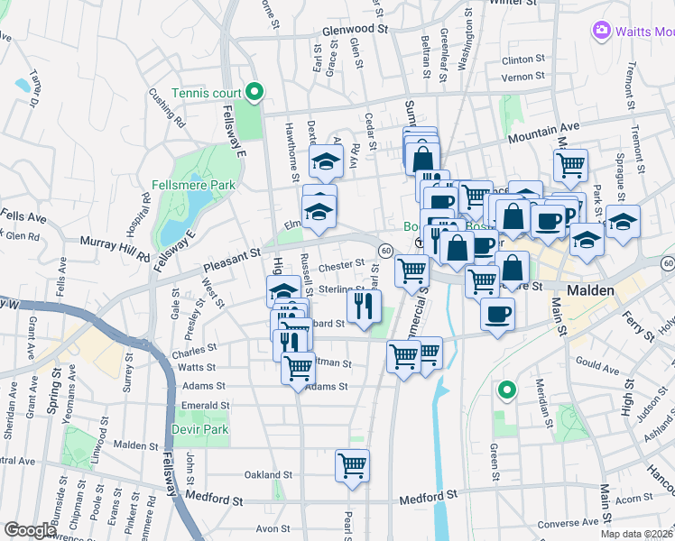map of restaurants, bars, coffee shops, grocery stores, and more near 26-28 Chester Street in Malden
